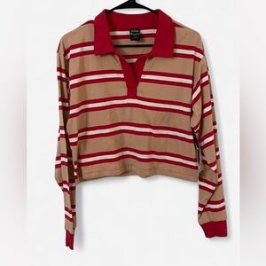 Netflix stranger Things Tan and Red Striped Long-Sleeve Polo Top